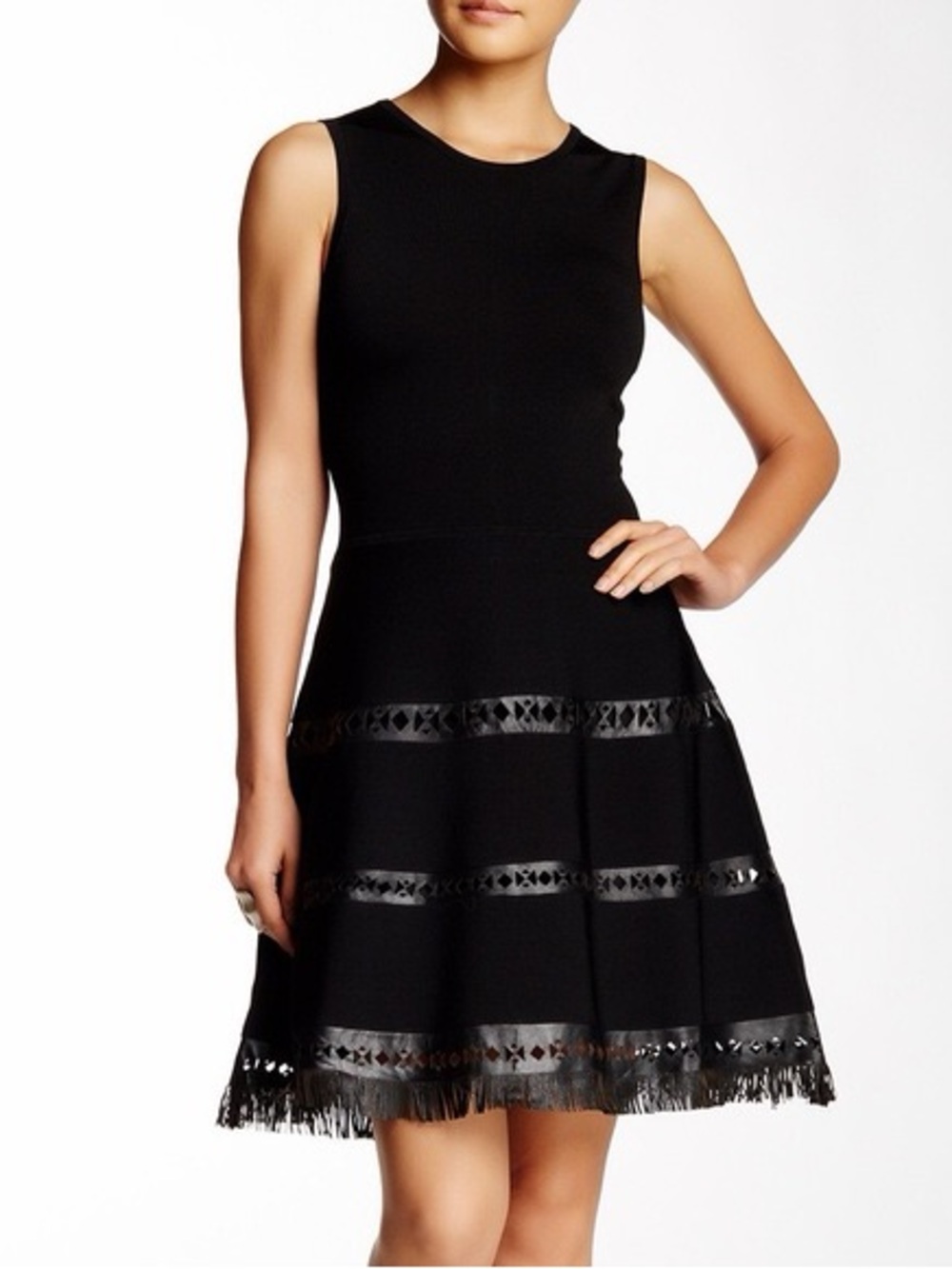 Parker Serene Black Knit and Leather mini Dress with Fringe